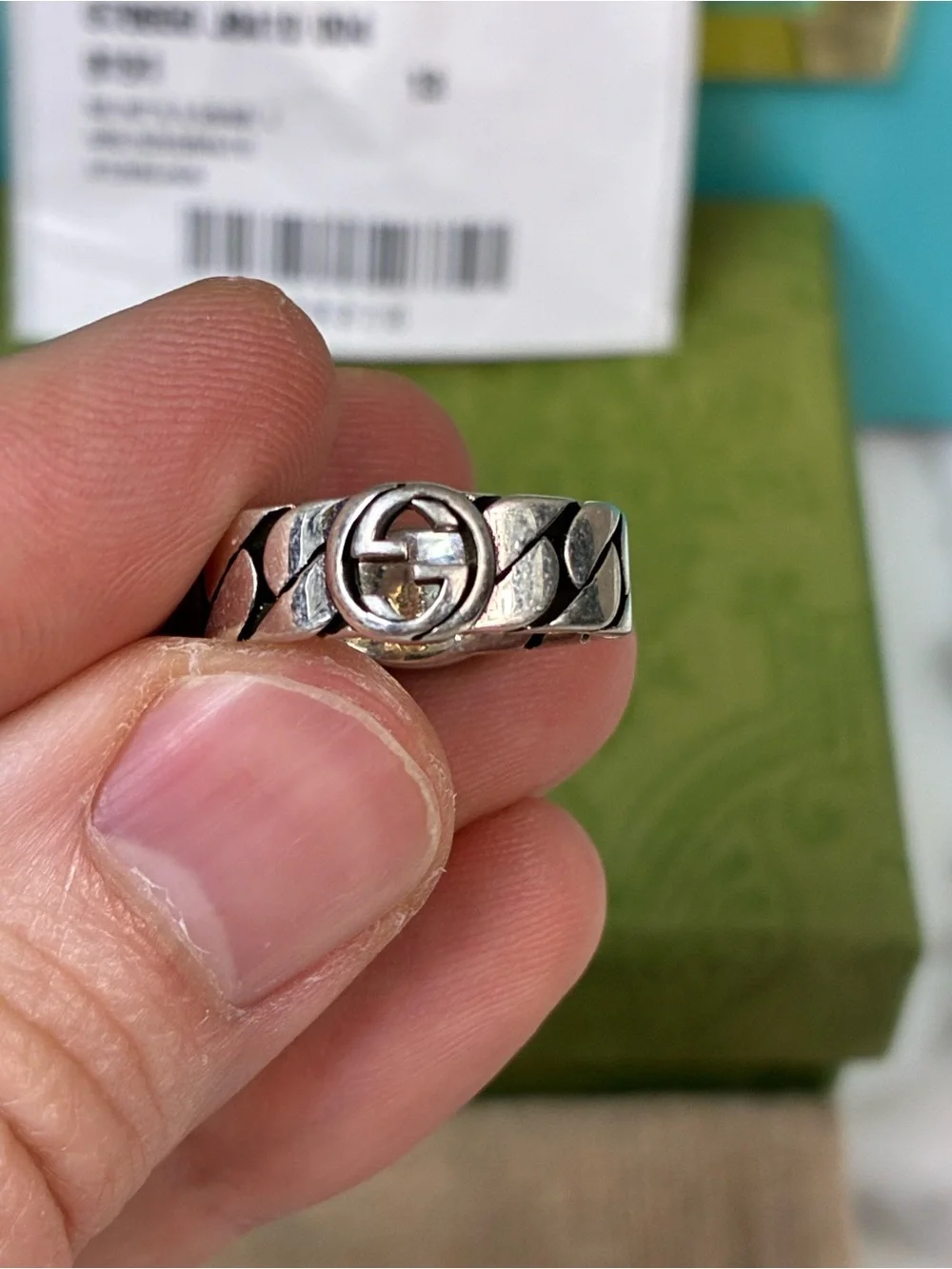 NWT Gucci Silver 925 Black Interlocking GG Ring - IT Size 13 = 6.25 US